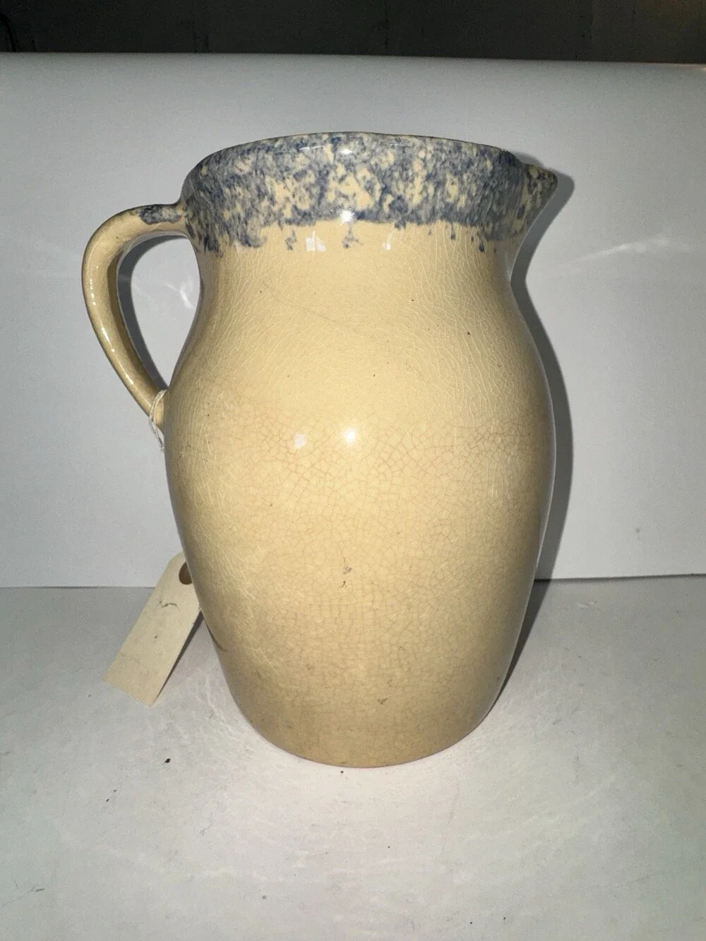 Roseville Pottery Blue Spongeware Stoneware Pitcher 8” Rustic Farmhouse
